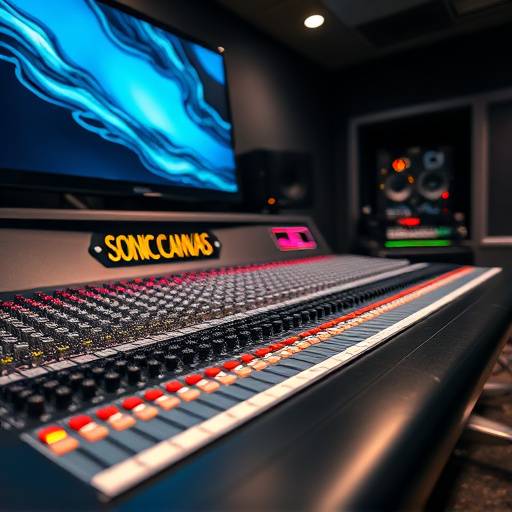 A close-up view of a large format mixing console at Sonic Canvas Studios.