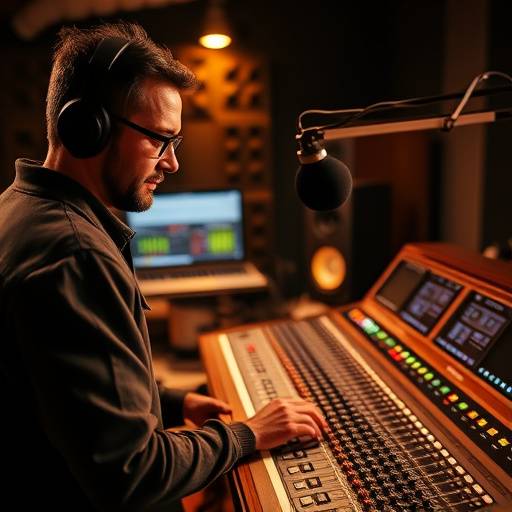 A recording engineer working on a mixing console at Sonic Canvas Studios.