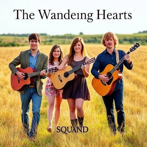 Promotional photo of The Wandering Hearts band, standing together with acoustic instruments in a field.